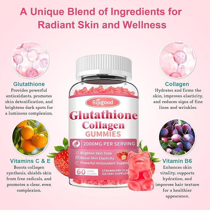 Sijigood 2 Pack Glutathione Collagen Gummies, Skin Brightening & Anti-Aging, Supports Hair, Skin & Nail Health, Glutathione Supplement for Women, Strawberry Flavor, 120 Count