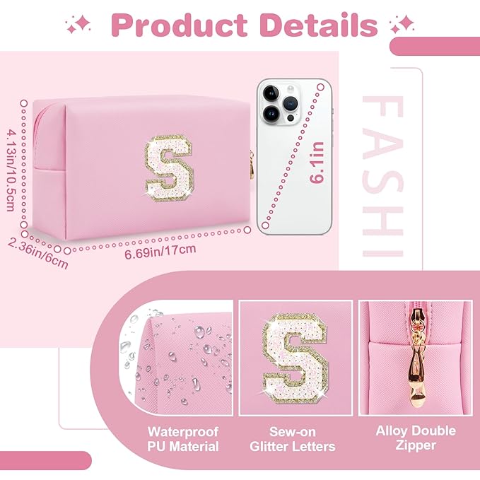 Small Personalized Initial A-Z Patch Makeup Bag,Pink Cute PU Leather Glitter Letter Cosmetic Bag for Teen Girls,Travel Toiletry Bag with Zipper,Preppy Monogrammed Birthday Gift for Daughter Niece S