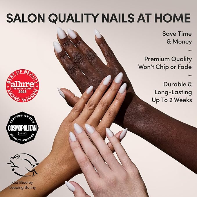 Glamnetic Press On Nails - Milky White | Short Almond White Fake Nails, Salon Quality Milky Nails | 15 Sizes - 30 Nail Kit with Glue