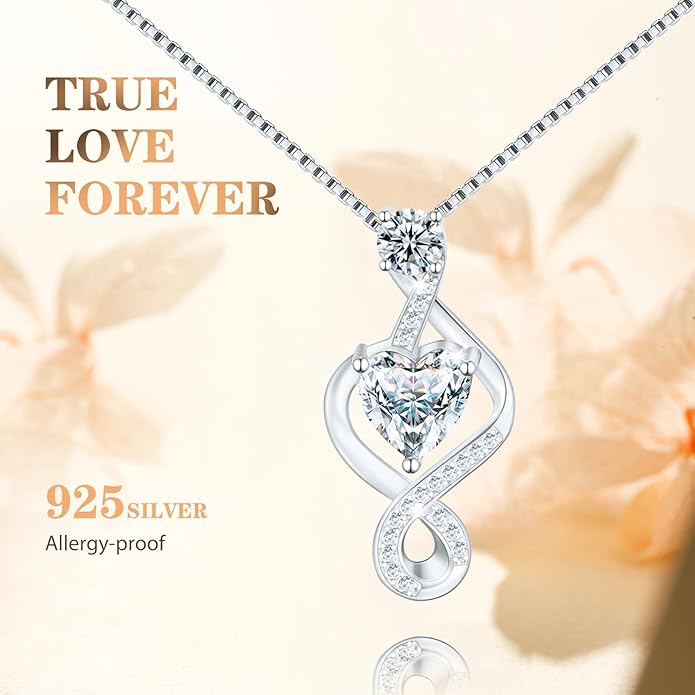 Yuelove Infinity Necklace for Women, 925 Sterling Silver Heart Necklace with 5A Zircon, White Gold Plated Adjustable Chain, Gift for Valentine's Day, Birthday, Anniversary for Wife, Girlfriend, Mom