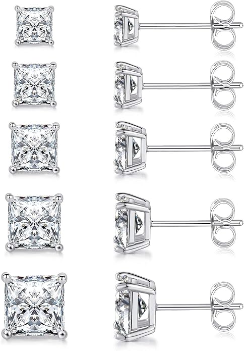 MDFUN 5 Pairs Square Earrings Set for Women Hypoallergenic 18K White Gold/Yellow Gold/Rose Gold Plated Princess Cut Clear Cubic Zirconia Stud Earring 3-7MM Pack of 5