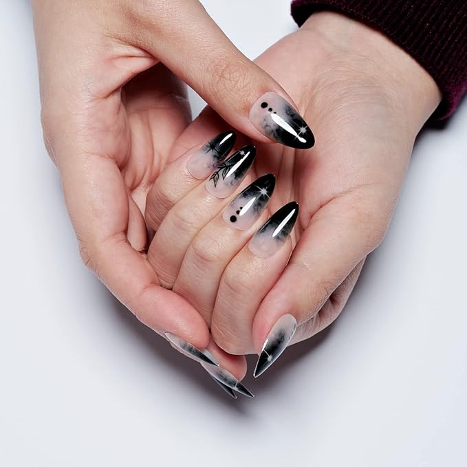 GLAMERMAID Press on Nails Medium Almond, Gothic Black Ombre French Tip Gel Glue on Nail, Glossy Short Stiletto Reusable UV Finish Fake Nails Acrylic False Nails Manicure Kits for Women
