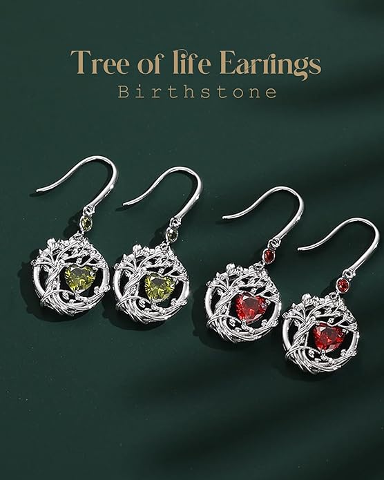FANCIME Tree of Life Dangle Drop Earrings 925 Sterling Silver Dainty Round Gemstone Birthstone Earring Fine Jewelry Birthday Christmas Gifts for Her Women