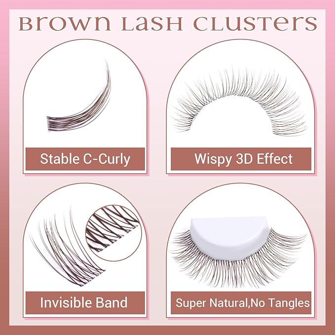 Brown Lash Clusters Kit Natural Dark Brown Eyelash Clusters Wispy Lash Extension Kit Brown Cluster Eyelash Extensions Kit 8-16MM DIY Individual Lashes with Lash Bond and Seal Tweezers by ZANLUFLY