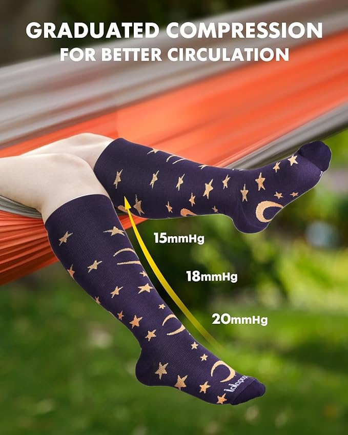 Lalapapa Bamboo Viscose Compression Socks for Women Men 2 Pairs 15-20mmHg Knee High Compression Socks Travel Nurse