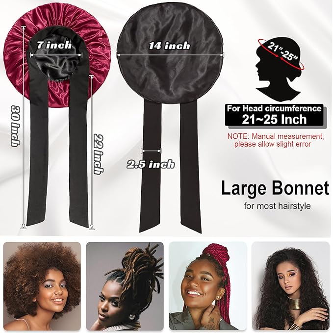 Double Layered Silk Satin Bonnet with Tie for Sleeping Black Women, Wide Band Large Hair Wrap Sleep Cap for Curly Hair Braid