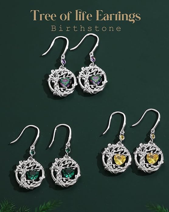 FANCIME Tree of Life Dangle Drop Earrings 925 Sterling Silver Dainty Round Gemstone Birthstone Earring Fine Jewelry Birthday Christmas Gifts for Her Women