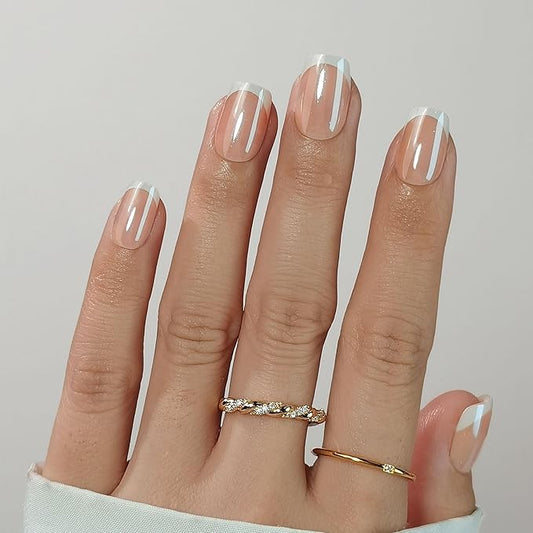 RPNZL Press On Nails - Sweetie | Short Square French Tip, UV Finish Almond Nails, Salon Quality | 32 Nails, 16 Sizes Kit with Glue and Adhesive Tabs I Female Founded