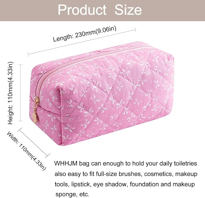 Cute Floral Makeup Bag Small Cotton Quilted Cosmetic Bag, Aesthetic Essential Bag Emergency Bag Gift for Women Girls Travel Accessories (Pink)