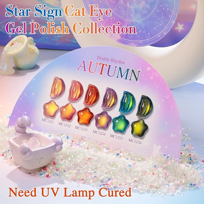 Double Rhythm Jelly Glass Cat Eye Gel Polish with Magnet 15ML Holographic Glitter Shimmer Translucent Sheer Color Magnetic Nail Polish Salon DIY at Home (Golden Blue-MC1255)