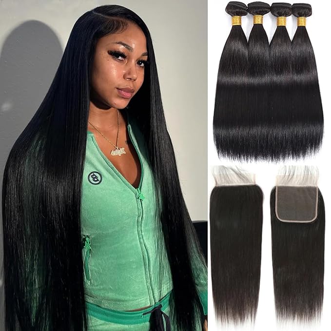 12A Human Hair Bundles with Closure 20 22 24 26+18 Inch Brazilian Straight 4 Bundles Human Hair with 4x4 Lace Closure Unprocessed Virgin Human Hair Extensions