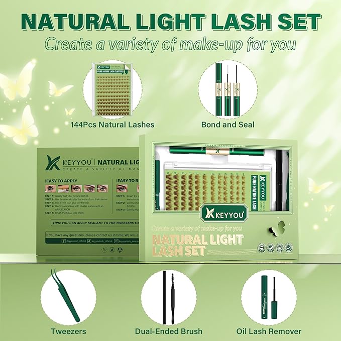 KEYYOU Natural Lash Clusters Kit 144Pcs DIY Lash Extension Kit Wispy Eyelash Extensions Kit D Curl 8-16MIX with Bond and Seal and tweezers with Thin Lash （KIT-N03-Brown-D-8-16MIX）