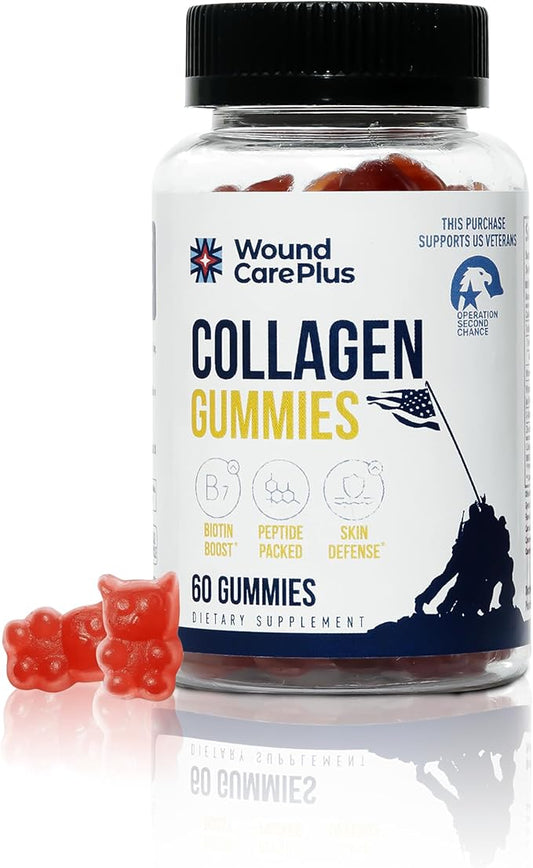Wound Care Plus Collagen Gummies – with Collagen Peptides, Biotin, Zinc, Vitamins C & E – Supports Skin, Hair & Nail Health – Pectin-Based, Gluten-Free, Non-GMO – 60 Chewable Gummies