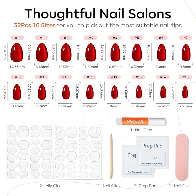Modelones Red Cat Eye Press on Nails Almond, Valentines Short Fake Nails, Reusable Nail Kit with Nail Glue Adhesive Tabs Mini Nail File, Nails Press Ons 32Pcs 16 Sizes, Women Girl Gift