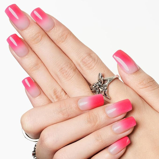 GLAMERMAID Hot Pink Crush Press on Nails Medium Square, French Tip Ombre Gel False Nals Shrimmer, Shrimmer Blush Glue on Nails Kit for Women, Reusable Stick on Acrylic Fake Nails Manicure Set