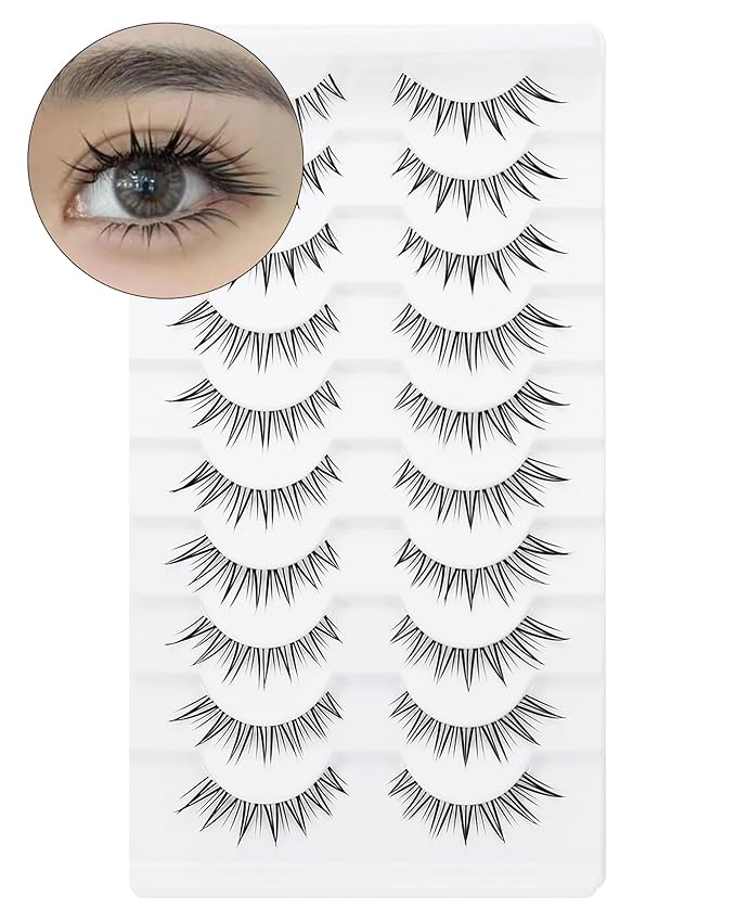 outopen 10 Pairs Fox Eye Manga Lashes Natural Look Asian Lashes Doll Style Spiky Clear Band Anime Lashes Wispy Cat Eye False Lashes Extension