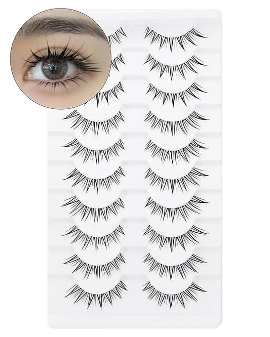 outopen 10 Pairs Fox Eye Manga Lashes Natural Look Asian Lashes Doll Style Spiky Clear Band Anime Lashes Wispy Cat Eye False Lashes Extension