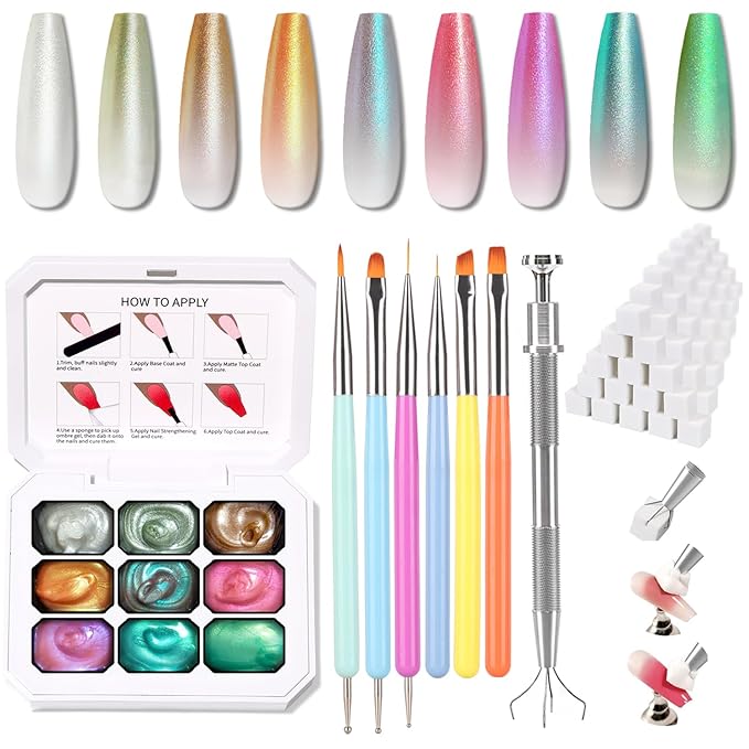 Karroy Christmas Pearl Gel Nail Polish, 9 Colors Glitter Ombre Gel Polish Palette Pat Paint Aurora Mermaid Gold Silver Green Pink Sparkle Reflective Holographic, 100Sponges 6Brushes 1Grabber (Set 12)