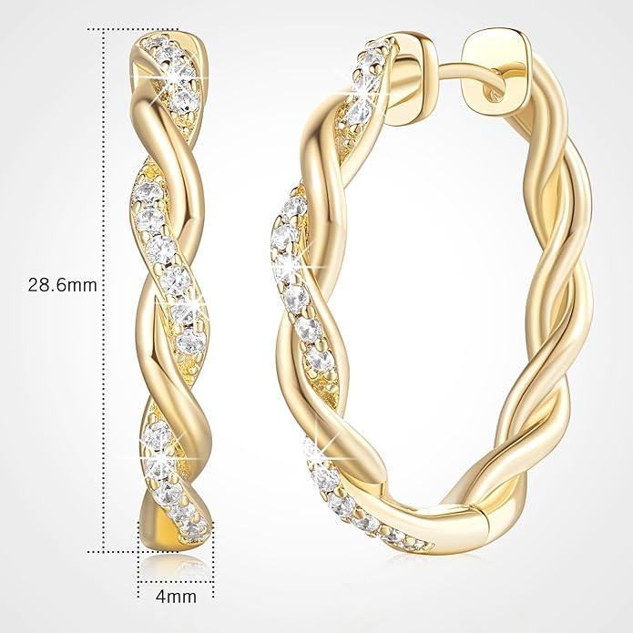 ENROSE Gold Plated Hoop Earrings 14K Gold Plated Earring for Women Twisted Large Hoop Earrings Minimalist Diamond Earring Jewelry 29mm*4mm