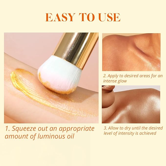 Liyalan Shimmer Body Oil Bronze Gold 1.0 fl.oz Face Glow Pearl Highlighter Illuminator Long-Lasting Shine Glitter Liquid Tanning with Makeup Brush