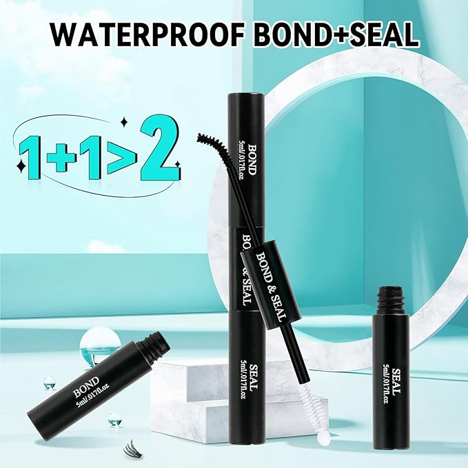 Bond and Seal Lash Glue 10ml Eyelash Cluster Glue Dual-Ended Tube, Black Lash Bond & Clear Eyelash Seal Strong Hold Waterproof Sweatproof – Gentle Formula, Long-Lasting Eyelash Glue for Cluster Lashes