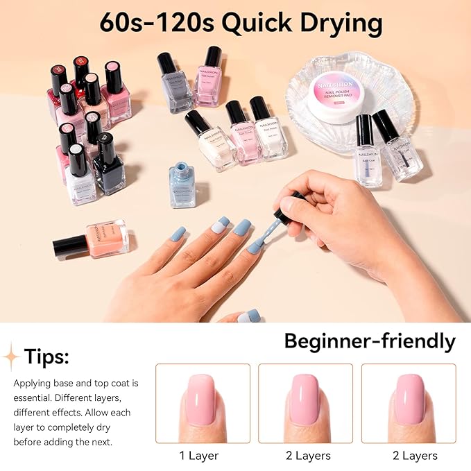 Nailshion Nude Gray Nail Polish Set Neutral 16 Colors with Base Top Coat Remover Pads, Nude Brown Burgundy Dusty Rose Fast Dry Fingernail Polish Set, Non-Gel, Nail Art Gift for Women Girls