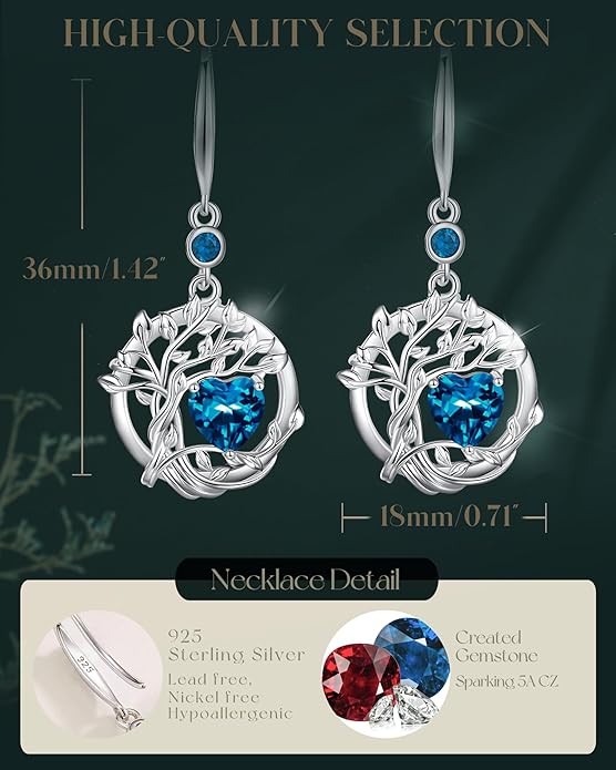 FANCIME Tree of Life Dangle Drop Earrings 925 Sterling Silver Dainty Round Gemstone Birthstone Earring Fine Jewelry Birthday Christmas Gifts for Her Women