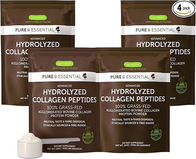 Igennus 100% Grass Fed Bovine Collagen Protein Powder, Highest Grade Hydrolyzed Collagen Peptides Types 1, 2 & 3, for Women & Men, Non-GMO, Free Range, Clean Label, Easy Mix, 4 x 40 Servings