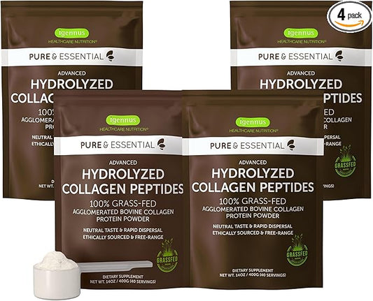Igennus 100% Grass Fed Bovine Collagen Protein Powder, Highest Grade Hydrolyzed Collagen Peptides Types 1, 2 & 3, for Women & Men, Non-GMO, Free Range, Clean Label, Easy Mix, 4 x 40 Servings
