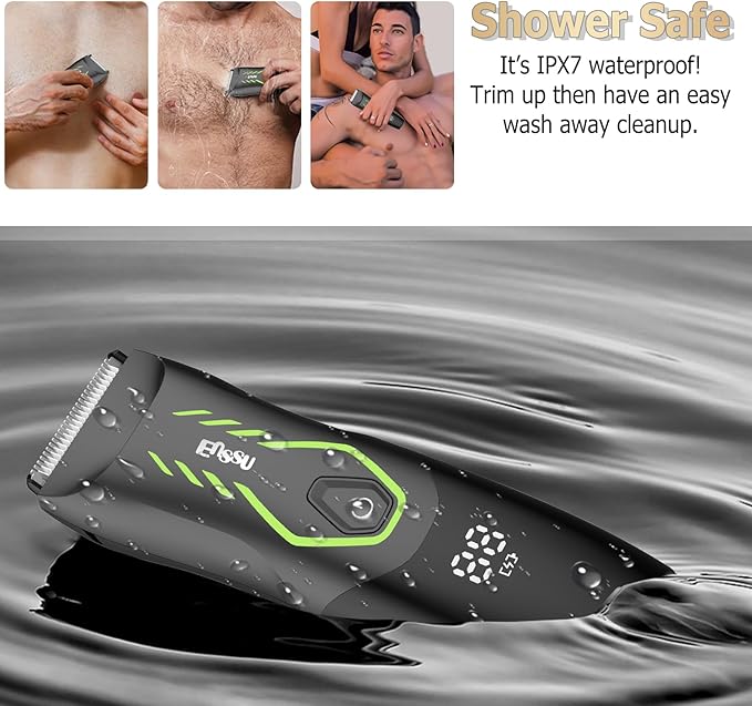 ENSSU Manscape Body Hair Trimmer for Men, Pubic Groin Hair Trimmer for Men with Safe Blade, Cordless Ball Shaver w/Light, Charging Dock, Waterproof Body Groomer Man, LED Display, 1H Charge,Green