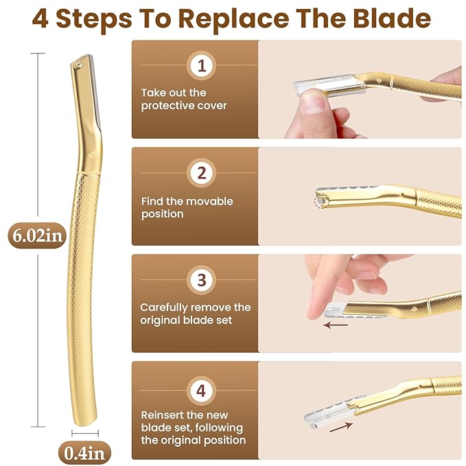 AIBRIT PRO Dermaplaning Tool for Face, Dermaplane Razor for Peach Fuzz with Metal Grip, Professional Eyebrow Razor for Women, Facial Razor for Women Gold (12 Replaceable Blades)