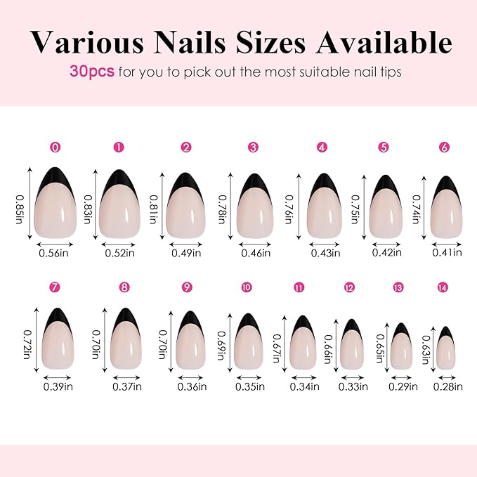 Canvalite Black French Tip Press On Nails, 30Pcs Short Press on Nails Almond Reusable Acrylic Fake Nails with Glue & Glue Remover Easy to Use Manicure Kit for Women