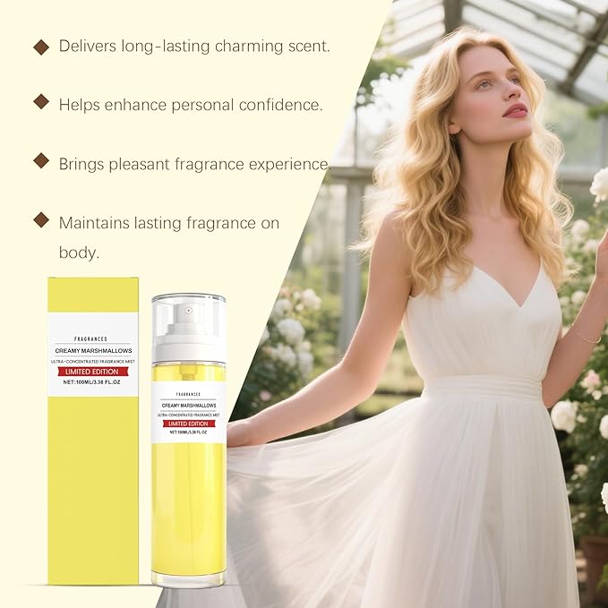 Creamy Marshmallow Fragrance Mist for Women, Sweet Vanilla Scented Body & Hair Spray, Long-Lasting Perfume Mist, Mood Boosting Gentle Formula, Travel Size Portable,100ml