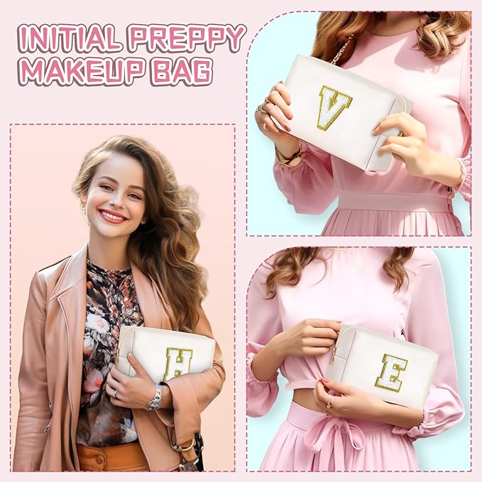 TOPEAST Initial Makeup Bags for Women, Personalized Portable Cosmetic Bag for Travel, Cute Makeup Pouch, PU Leather Waterproof Toiletry Bag, Preppy Things for Girl (White V)