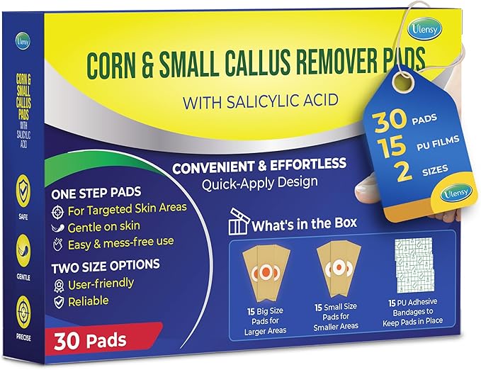 Ulensy Corn Remover Pads for Feet Toes: 30 Pack Salicylic Acid Extra Strength Treatment - Fast Effective Medicated Bandages for Adults Seniors Teens Athletes Runners Hikers Workers Men Women Blue 01