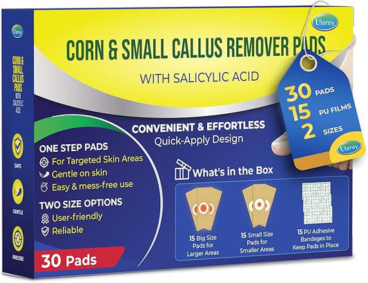 Ulensy Corn Remover Pads for Feet Toes: 30 Pack Salicylic Acid Extra Strength Treatment - Fast Effective Medicated Bandages for Adults Seniors Teens Athletes Runners Hikers Workers Men Women Blue 01