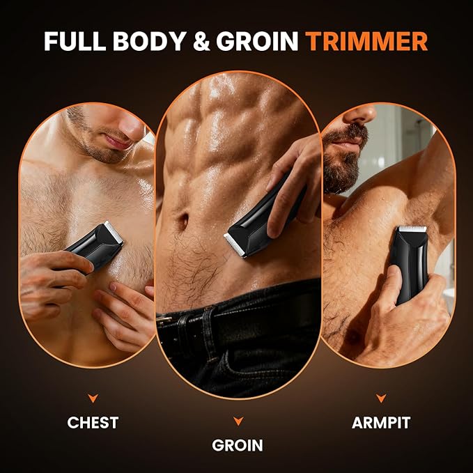 PRITECH Body Hair Trimmer for Men - Rechargeable Trimmer for Mens with Ceramic Blade, Wet & Dry Mens Ball Trimmer with Standing Recharge Dock, Cordless Groin Hair Trimmer for Men