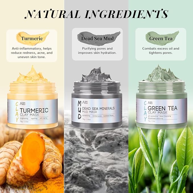 ANAI RUI 3Pack Face Mask Gift Set, Turmeric Clay Mask - Green Tea Mask - Dead Sea Minerals Mud Mask, Spa Gift Set Self Care Valentines Day Gifts for Women 2.5 oz Each