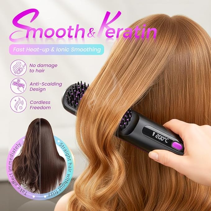 2026 New Cordless Hair Straightening with LCD Temperature Display, Fast Heating, Portable Hair Brushs for Travel (Black)