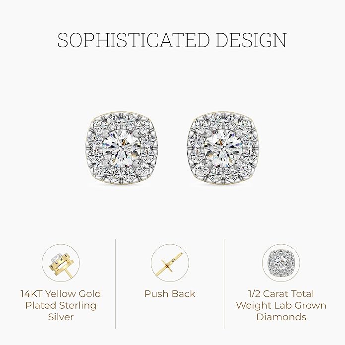 Gilded Lab-Grown Diamond Sterling Silver and 14KT Yellow Gold Plated Silver Stud Earrings for Women | Cushion Halo Shaped Studs | Hypoallergenic Fine Jewelry | Prong Setting, Push Back Nut | SI1 Clarity, F Color 1/4, 1/2, ,1 Carat Total Weight