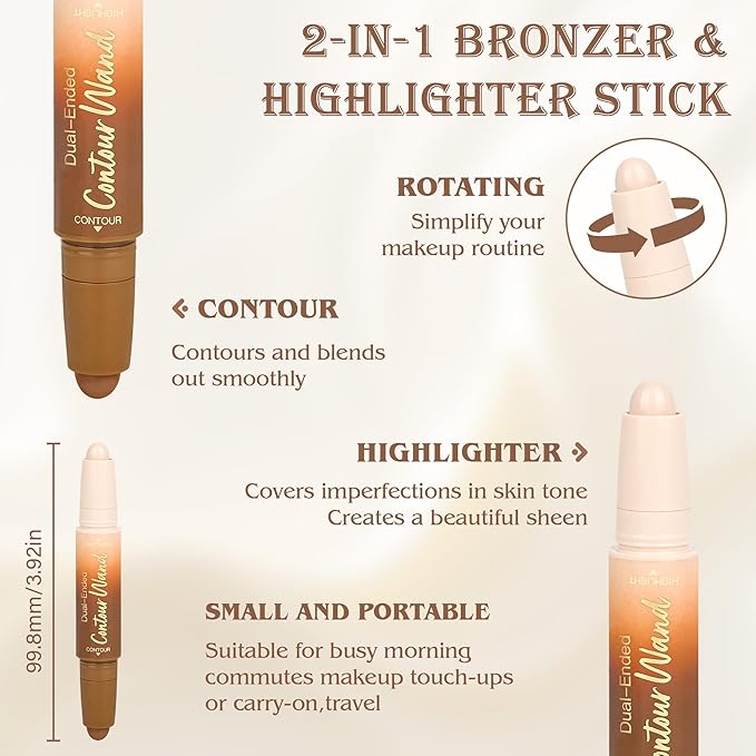 Contour Highlighter Stick，2in1 Dual-Ended Cream Bronzer&Highlighter Sticks Pen for Face Body Contouring Makeup- Buildable，Waterproof, Easy to Apply Suitable for Beginners，06Black Cocoa+Bronzer Shimmer