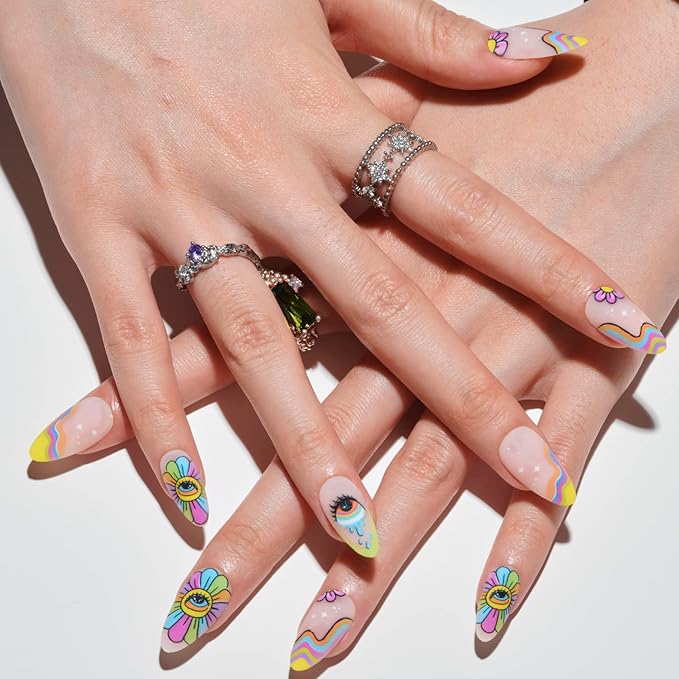 GLAMERMAID Press on Nails Medium Almond, Gothic Rainbow Flower Gel Glue on Nail, Matte Short Stiletto Reusable UV Finish Fake Nails Acrylic False Nails Manicure Kits for Women