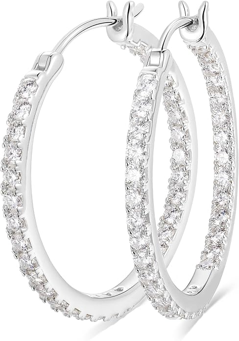 Wyyxl Womens Diamond Hoop Earrings, 20/25/30mm Small Hoop Sterling Silver Based Hypoallergenic Huggie Stud, Sparkle Moissanite 5a Cubic Zirconia Earings Jewelry for Woman Daily Party Wear