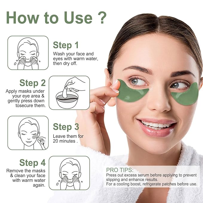 LAVONE Eye Mask - 30 Pairs Green Tea Eye Patches Skin Care Products for Dark Circles and Puffiness, Reduce Wrinkles and Fine Lines, Eye Patches for Women and Man,with Hair Clips