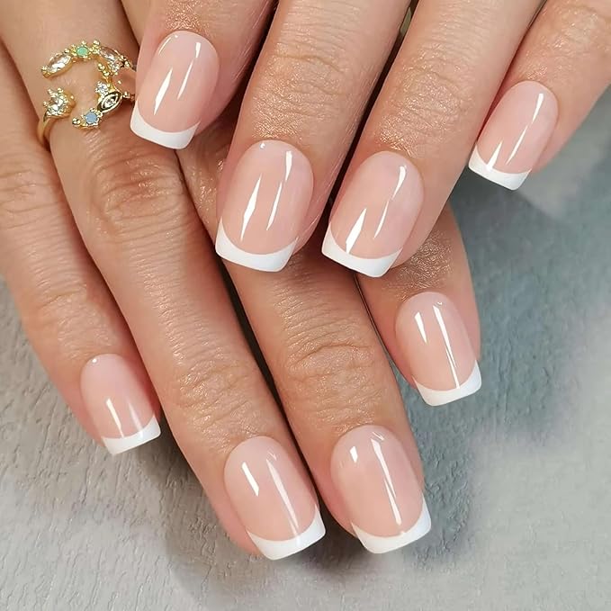 RPNZL Press On Nails - Frenchie Kiss | Classic French Manicure, UV Finish Square Nails, Reusable, Salon Quality | 32 Nails, 16 Sizes Kit with Glue and Adhesive Tabs
