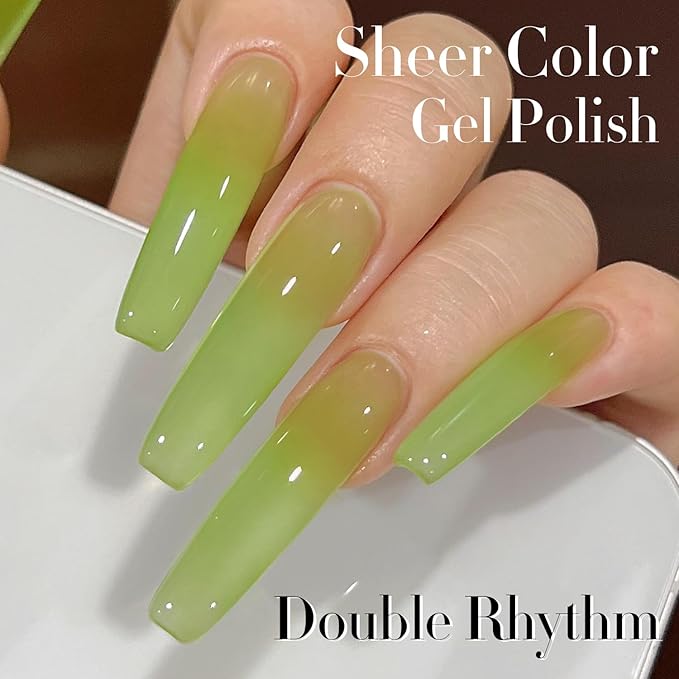 Double Rhythm Gel Polish 15ML Jelly Sheer Pastel Light Milky Color Pearl White Bottle 1 PC 0.5 OZ Full Size Nail Art Salon at Home (Translucent Green-D1408)