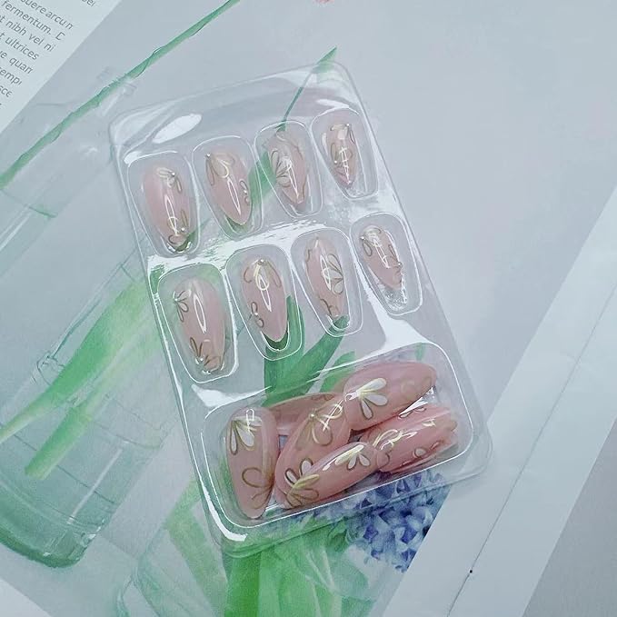 Almond Press on Nails Medium Fake Nails Press ons with Designs Flower Petals False Nails Full Cover Acrylic Nail Tips Press on Nail Reusable French Nails Stick on Nails for Women Manicure Decor 24Pcs