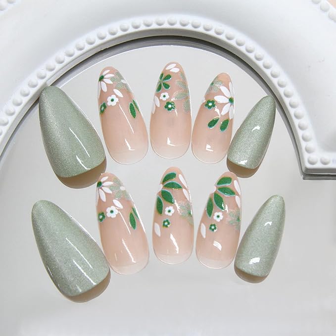 JONKASIPA 24 Pcs Almond Shape Press-On Nails Spring Cute Acrylic Nails, Artificial Gloss Full Coverage Light Green Fake Nails for Women and Girls Nail Decoration