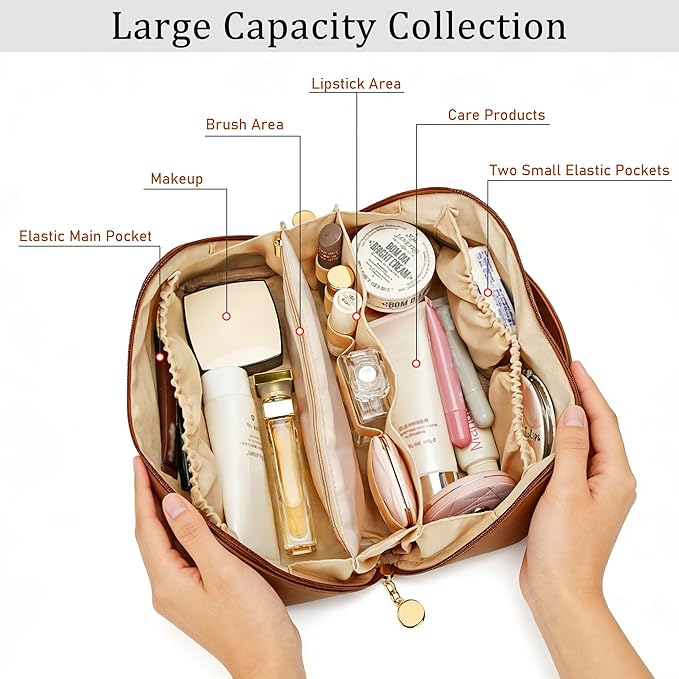Gifts for Women Bridesmaid Gifts Personalized Initial Makeup Bag PU Leather Cosmetic Waterproof Travel Toiletry Bag (Large)