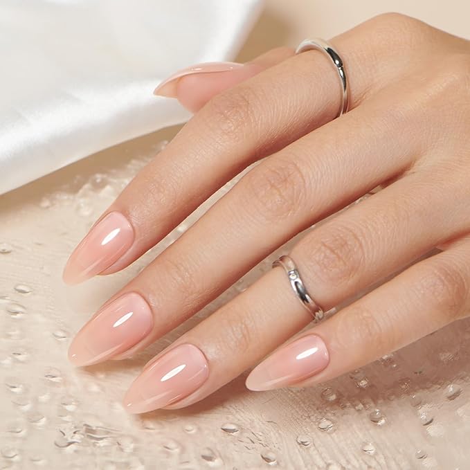 Modelones 32Pcs Nude Pink Press on Nails Almond, Valentine's Day Pearl Chrome Short Almond Fake Nails, Reusable Nail Kit with Nail Glue Adhesive Tabs Mini Nail File, Nails Press Ons 16 Sizes